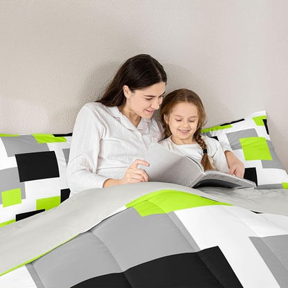 Castle Fairy Green Grey White Twin Size Comforter Set for All Seasons,Geometric Grid Square Splicing Bedding Set Teens Bedroom Decor,Modern Abstract Comforter Inner Fill with 1 Pillowcase