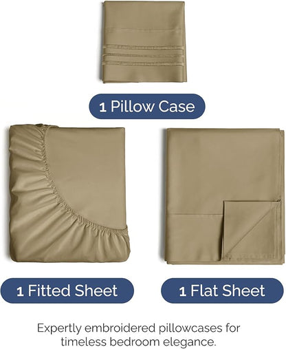 Twin Size 3 Piece Sheet Set - Comfy Breathable & Cooling Bed Sheets Set - Hotel Luxury Bedding for Women, Men, Kids, Teens, Boys & Girls - Deep Pockets, Ultra-Soft and Wrinkle Free - Oeko-Tex - Khaki