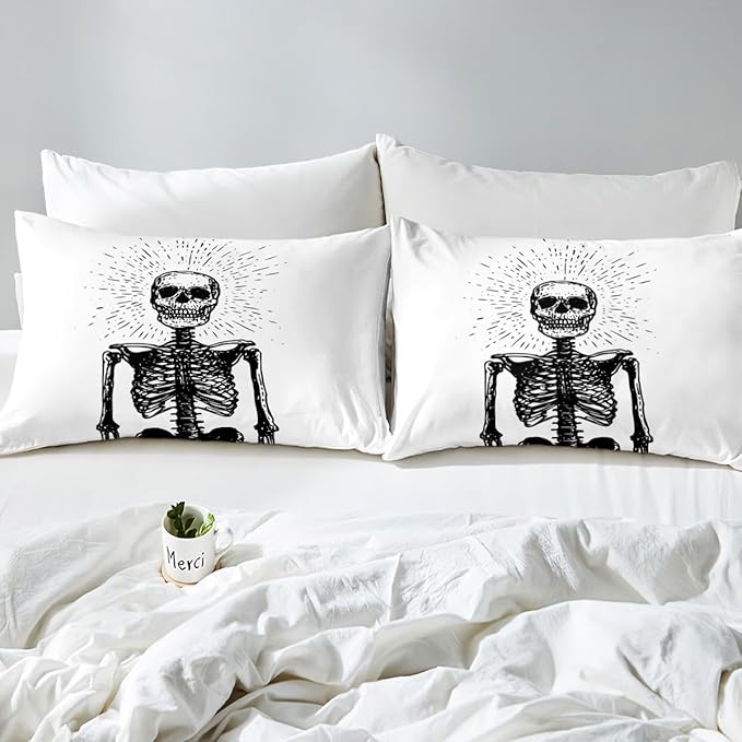 Erosebridal Halloween Skeleton Queen Bedding Set, Gothic Skull Comforter Set for Kids Boys Teens Men Bedroom Decor, Spooky Halloween Comforter, Skull Quilt with 2 Pillowcases