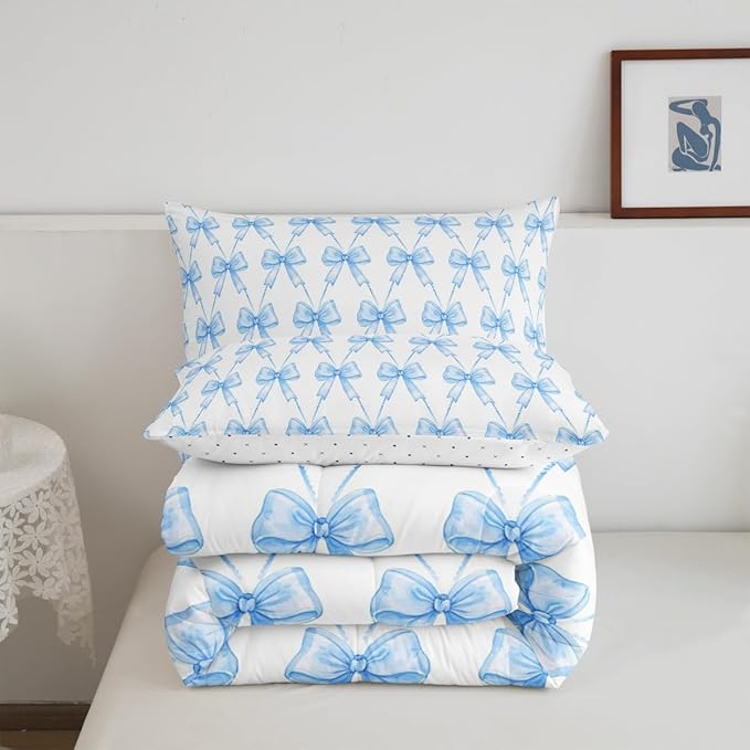 Feelyou Blue Bow Comforter Set Full Size Cute Bowknot Bedding Set Boys Girls Kawaii Comforter for Kids Women Men Bow and Stripes Duvet Set 3Pcs