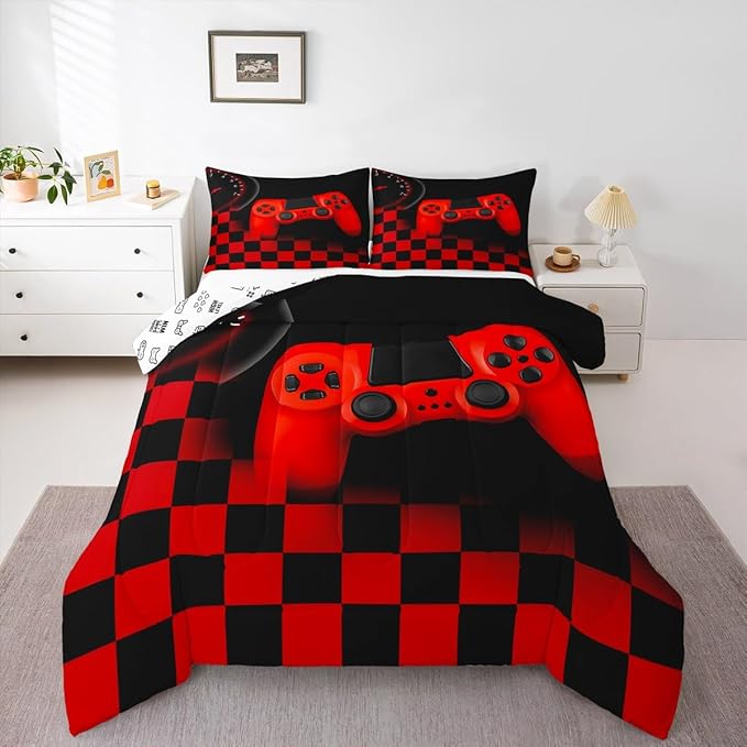 Erosebridal Gamer Bedding Sets for Boys，Gaming Comforter Sets King for Kids Teen Boys Gamer Room Decor,Video Game Gamepad Duvet Insert,Plaid Check Grid Artwork Down Comforter 3pcs,Black Red
