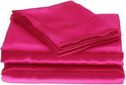100% Pure Silk Satin Sheet 4pcs,Silk Fitted Sheet 15"Deep Pocket Mattress fit,Silk Flat Sheet&Silk Pillowcases Cool Soft Silk Sheets|Wrinkle Free Fade Resistant California King Hot Pink