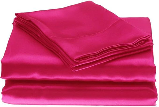 100% Pure Silk Satin Sheet 4pcs, Silk Fitted Sheet 15" Deep Pocket Mattress fit,Silk Flat Sheet&Silk Pillowcases Cool Soft Silk Sheets|Wrinkle Free Fade Resistant Short Queen Hot Pink