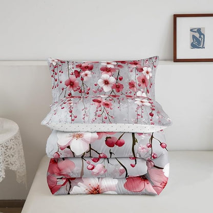 Manfei Spring Flower Comforter Set King Size, Watercolor Cherry Blossom Bedding Set 3pcs, Japanese Style Pink White Floral Down Comforter, Kids Girls Women Room Decor, 2 Pillowcases, No Sheets