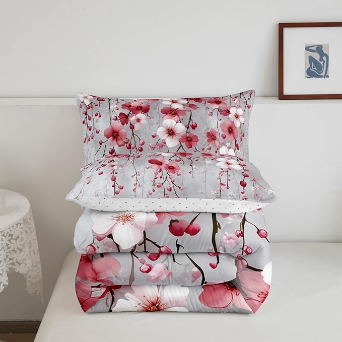Manfei Spring Flower Comforter Set Toddler Size, Watercolor Cherry Blossom Bedding Set 2pcs, Japanese Style Pink White Floral Down Comforter, Kids Girls Women Room Decor, 1 Pillowcase, No Sheets