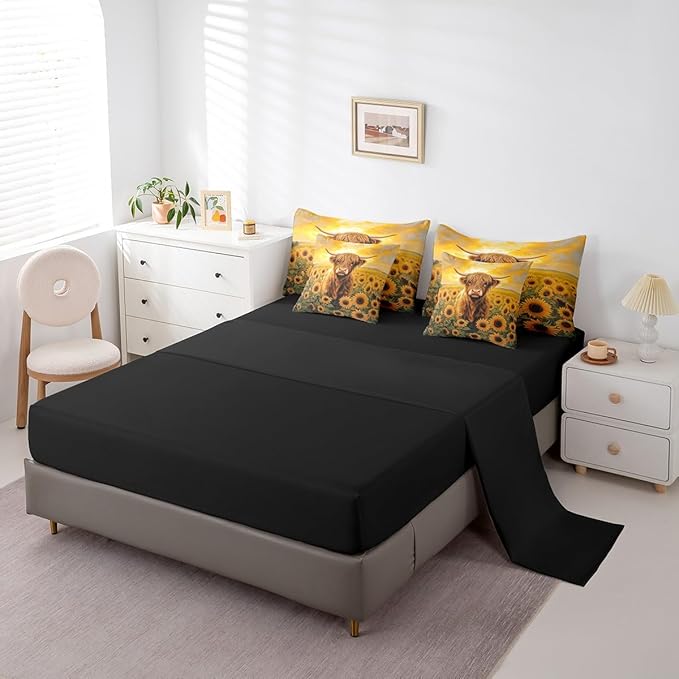 Erosebridal 7Pcs Highland Cow Decor Twin Comforter Set Sunflower Cow Print Bedding Rustic Animal Farmhouse Theme Comforter + Flat Sheet + Fitted Sheet + 2 Pillowcases + 2 Throw Pillow Covers