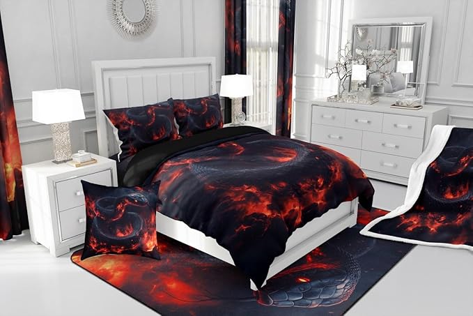 Manfei Snake Kids Comforter Toddler,Exotic Fire Snake Bedding Set for Girls Youth Bedroom Decor,3D Flame Magma Reversible Quilt Sets,Safari Animal Bedding Comforter Set,Soft Fluffy
