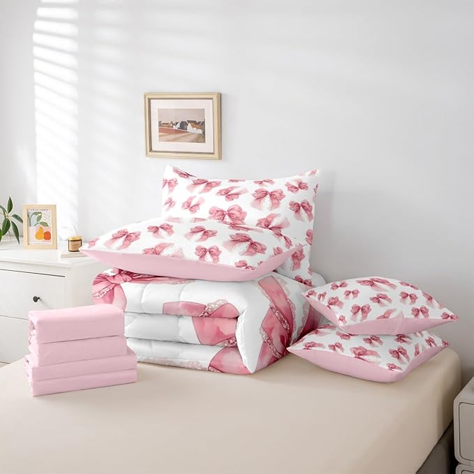 Erosebridal Pink Lace Bowknot Girls Full Comforter Set 7 Pieces | Cute Princess Ribbon Bed in A Bag for Bedroom Kawaii Bow Kids Girly Bedding Set with Comforters Women Teens Adults Room Decor