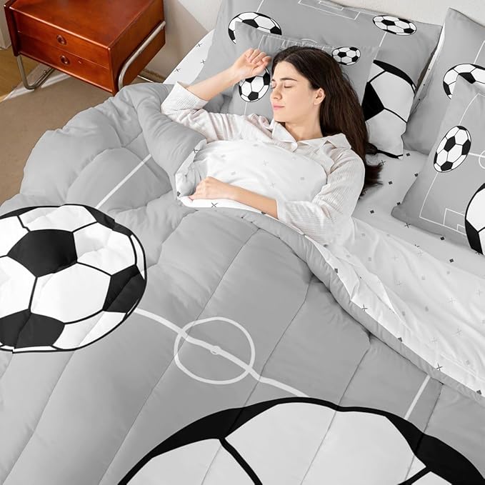 Erosebridal Football 7 Piece Bedding Set King Boys Sports Comforter Set with Sheets Soccer Ball Theme Playground Bed in a Bag Football Court Pattern Grey White for Kids Boys Girls