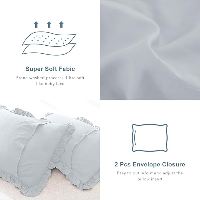 QSH Light Blue Ruffle Oversized King Comforter 128x120,3PCs Farmhouse Shabby Vintage Chic Ruffled Bed Comforter Set French Country Rustic California King Bedding Comforter Set Soft and Lightweight