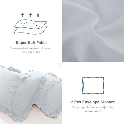 QSH Light Blue Ruffle Oversized King Comforter 128x120,3PCs Farmhouse Shabby Vintage Chic Ruffled Bed Comforter Set French Country Rustic California King Bedding Comforter Set Soft and Lightweight