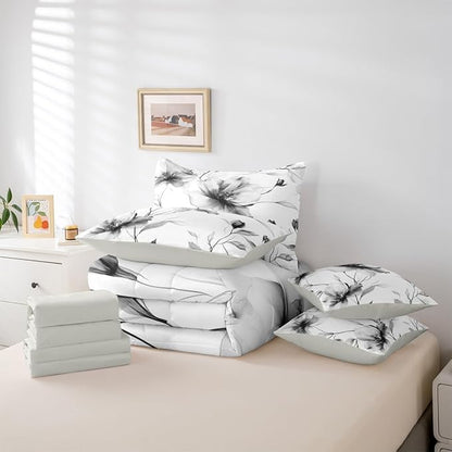 Erosebridal Black and White Floral Queen Comforter Set with Sheets, Boho Flower 7 Pcs Bedding Set for Women Men, Artistic Watercolor Floral Bed in A Bag, Ink Painting Style Blossom & Leaf Bed Sets