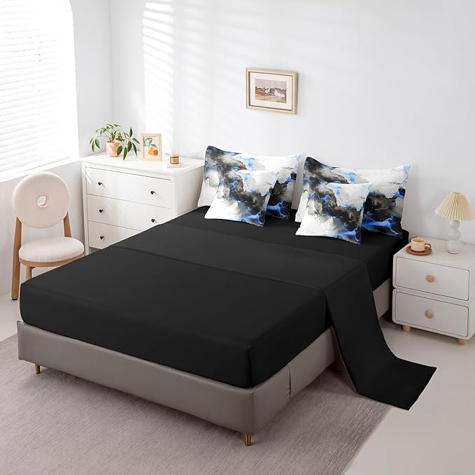 Black and Navy Blue Marbling Queen Comforter Set 7-Piece Aesthetic Marble Bedding Comforter Sets, Watercolor Artwork Bed in a Bag Abstract Marbling Bedding Set, Mountain Fluid Bed Sheets Set