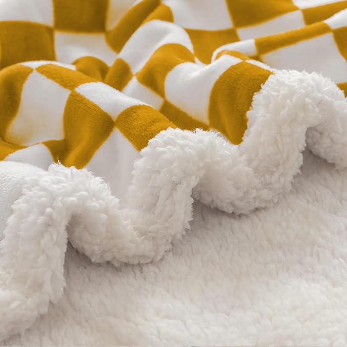 LOMAO Sherpa Throw Blanket Fleece Blanket with Checkered Pattern Soft Thick Blanket for Couch, Bed, Sofa Luxurious Warm and Cozy for All Seasons (Yellow, 51"x63")