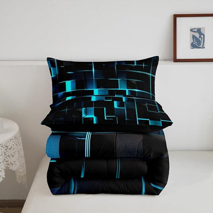 Erosebridal Neon Turquoise Black Comforter Set Twin Size 2 Piece Geometric Kids Bedding Set Honeycomb Comforter for Teens Women Adult Bedroom Decor, Aesthetics Modern Quilt