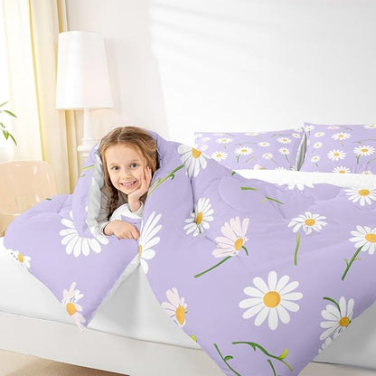 Manfei Cute Flower Comforter Set King Size, White Daisy Floral Bedding Set 3pcs for Kids Boys Girls Room Decor, Botanical Plants Wildflower Down Comforter with 2 Pillowcases, No Sheets