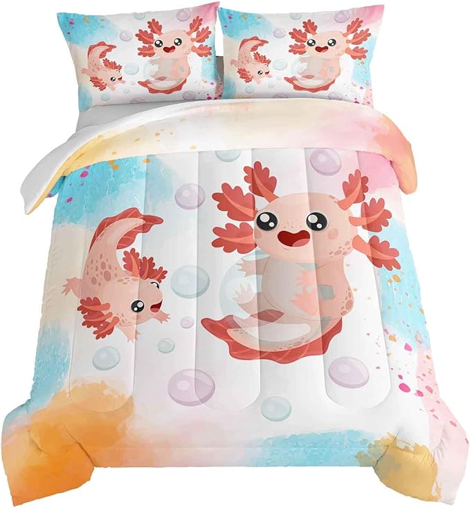 HOSIMA Axolotl Bedding Set for Kids Bedroom Decor,Cute Cartoon Axolotl and Colorful Background Kawaii Bedding Set for Girls Kids,Cartoon Sea Animals Axolotl Comforter Twin with 2 Pillowcase.