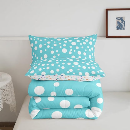 Manfei White Polka Dots Comforter Set,Chic Teal White Geometric Circles Simple Bedding Set for Teens Young Room,French Style Cute Dots Print Quilt Set 3 Pcs with 2 Pillowcases,Full