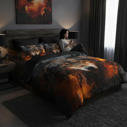 Wolf Comforter Set Queen Size, Black Red Fire Microfiber Bedding Set, Western Wildlife Bedroom Decor, 90''x90''