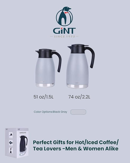 GiNT 74oz Large Thermal Coffee Carafe with Infuser–Insulated Tea Carafe, Removable Filter, Dishwasher-Safe|2.2L 10+ Cups,Wide Mouth,Dual Seal|Stainless Steel Beverage Server for Office&Events