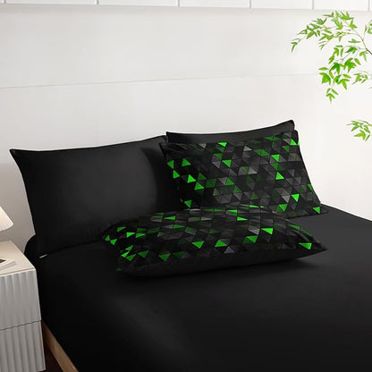 Geometric Green Black Triangle King Size Comforter Set,Light Honeycomb Bedding Set 7 Piece in A Bag,Bed Sheet Set Geometry Decor,Microfiber Lightweight All Season
