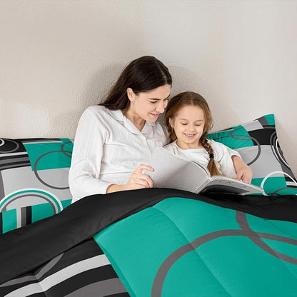 Modern Circles Swirls Bedding Queen Size Geometric Spiral Square Comforter Set Green Black Grey Bedding Sets Abstract Gromment Plaid Quilted Duvet Chic Graphic Texture Artwork Down Comforter, 3Pcs
