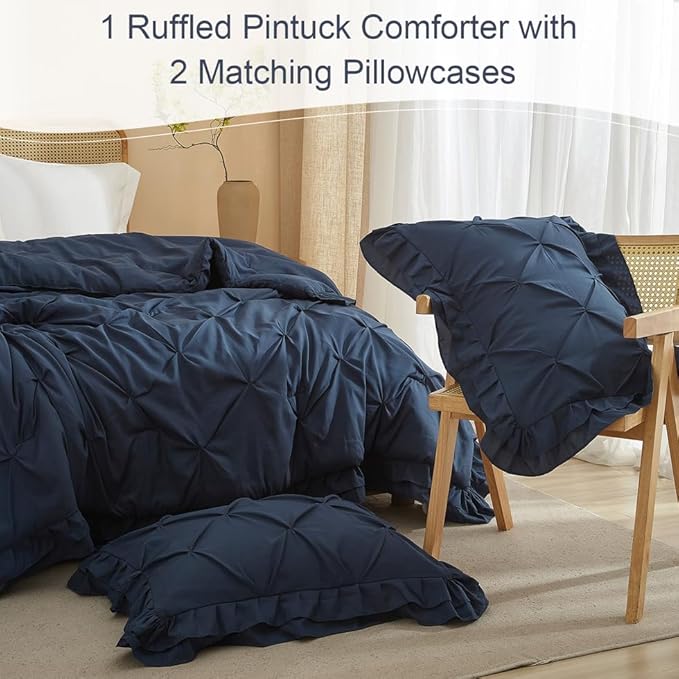 AMWAN Dark Blue Ruffled Pintuck Comforter Set Queen Size, Microfiber Pinch Pleated Comforter Set Vintage Shabby Chic Bedding, 3 Piece Brushed Comforter Set, 1 Ruffled Comforter with 2 Pillowcases