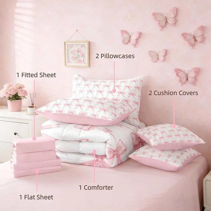 Feelyou Cute Pink Bow Comforter Set King Size, Pink Girls Bow 7 Pcs Bedding Set for Kids, Dreamy Bowknot Princess Bed in a Bag, Bed Sheet Sets with Fitted Sheet Pillowcases for Bedroom Bed Decor