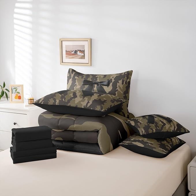 Erosebridal Camo Full Comforter Set 7 Pieces Bowknot Bed in A Bag for Bedroom Bow Hunting Ribbon Army Camouflage Rustic Bedding Set with Comforters, Sheets, Pillowcases Brown Black Room Decor
