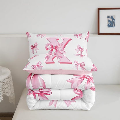 Erosebridal Initial Letter X Bedding Comforter Sets Pink Kawaii Bow Toddler Bedding Set for Girls,Dreamy Princess Letter Bowknot Comforter Set for Kids Teen Women Bedroom Decor,Cute Girly Bow Bed Set