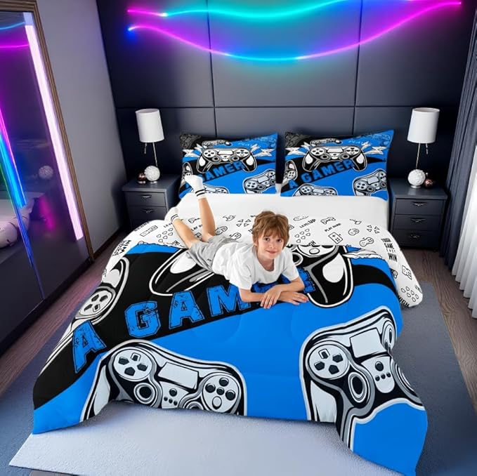 Erosebridal Twin Comforter Set for Boys Girls Kids, Gamer Comforter Set for Boys Teens, Gaming Console Bedding Decor Blue Black 2Pcs