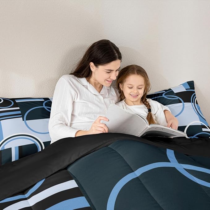 Retro Blue Grey Black Comforter Queen Abstract Stripes Circles Bedding Set for Kids Teens Adult Square Spiral Quilt Geometric Plaid Duvet Insert Graphic Artwork Quilted Comforter All Season