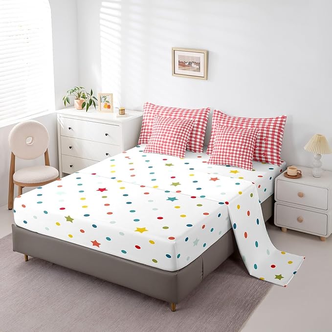 Feelyou Red Bow Comforter Set with Sheets Queen Size Kids Bowknot Pliad 7 Pieces Bedding Set for Boys Girls Teens Gift for Girls Women Grid Bed in a Bag Breathable Princess Décor Bed Set