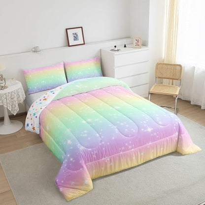 Feelyou Cute Rainbow Comforter Set King Size Lovely Kids Rainbows Bedding Set for Kids Boys Girls Glitter Galaxy Duvet Quilt Multicolor Bedroom Decor Microfiber 3 Pcs with 2 Pillow Cases