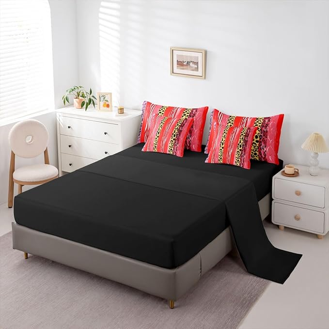 Erosebridal Stripe White Gold Red Leopard Print Women Full Comforter Set 7 Pieces | Geometric Cheetah Fur Bed in A Bag for Bedroom Animal Skin Pattern Bedding Set with Comforters Men Adults Room Decor