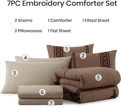 MaiRêve Embroidery Comforter Set, Boho Farmhouse Western Bedding Set, All Season Bed in A Bag Comforter Set with Sheets, Pillowcases & Shams, Brown King 7 Pieces