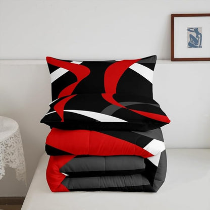 Erosebridal Grey Red Black Bedding Comforter Sets Dark Gray White Striped Abstract Bedding Set King for Boys Teen Men Geometric Stripes Down Comforter Modern Fashion Quilt Duvet