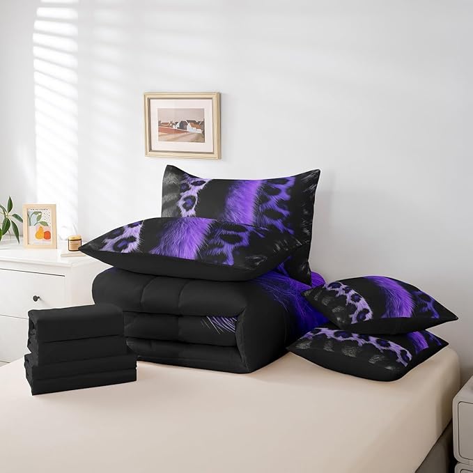 jejeloiu 3D Purple Leopard 7 Piece Bedding Set King Size Adult Leopard Comforter Set with Sheets for Boys Girls Animal Print Bed in a Bag Wild Animal Fur Bed Set