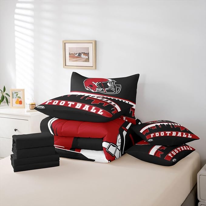 Erosebridal Football 7 Pcs Comforter Set King Football Fans Bedding for Boys Girls Football City Sheet Set Bed in A Bag Red Black Rugby Team Room Decor Sports Ball Game Duvet Insert