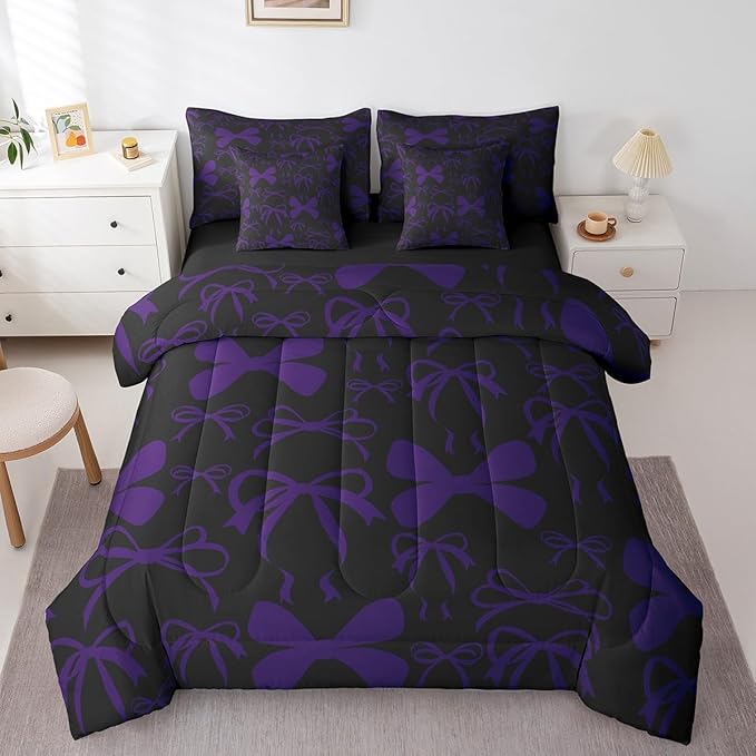 Feelyou Cute Bowknot Bedding Set for All Season Boys Girls Twin Size Bow 7 Pieces Comforter Sets for Kids Women Men Purple Girls Bow Bed in a Bag with Comforter, Sheets, Pillowcases & Cushion Cover