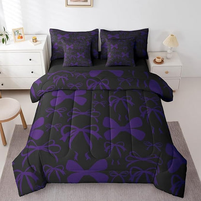Feelyou Cute Bowknot Bedding Set for All Season Boys Girls Queen Size Bow 7 Pieces Comforter Sets for Kids Women Men Purple Girls Bow Bed in a Bag with Comforter, Sheets, Pillowcases & Cushion Cover