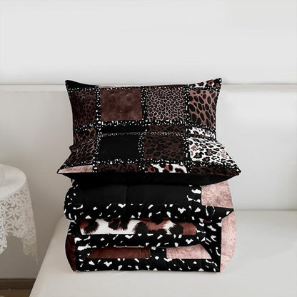 Erosebridal Brown Leopard Print Twin Comforter Set for Kids Boys Girls,Animal Skin Texture Bedding Set,Patchwork Geometric Duvet Insert,Farmhouse Bed Set for All Season