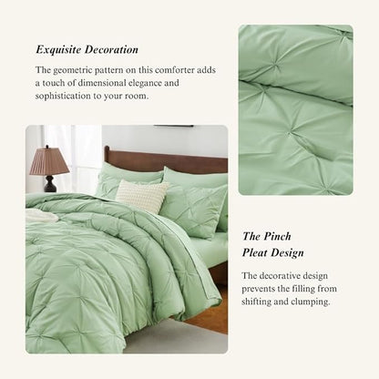 Sheet&Joy Full Size Comforter Set,7-Piece Bed in a Bag Double, Pintuck Bedding Set for All Season, Includes Comforter, Flat Sheet, Fitted Sheet, Pillowcases and Pillowshams, Olive Green