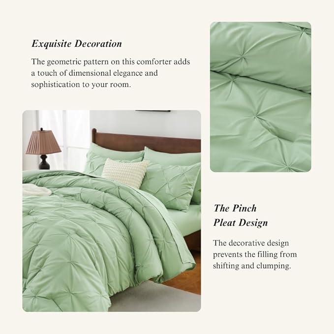 Sheet&Joy King Size Comforter Set, 7-Piece Bed in a Bag, Pintuck Bedding Set for All Season, Includes Comforter, Flat Sheet, Fitted Sheet, Pillowcases and Pillowshams, Olive Green