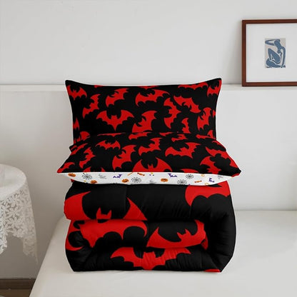 Erosebridal Red Bat Bedding Set Full Size Halloween Bat Comforter Set Spooky Goth Gothic Animal Bed Sets Horror Halloween Duvet Quilt Sets for Kids Teens Adults