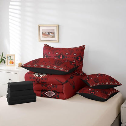 Erosebridal Red Southwestern Bedding Set Twin Vintage Western Aztec Comforter Set 7 Piece Bohemian Geometric Country Bed in A Bag Rustic Cactus Bull Skull Boho Tribal Quilt with Flat Fitted Sheet