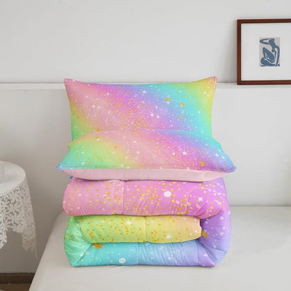 Feelyou Pink Rainbow Comforter Set Twin Size Glitter Galaxy Bedding Set for Kids Boys Girls Colorful Duvet Quilt Lovely Kids Rainbows Bedroom Decor Multicolor Microfiber 2 Pcs with 1 Pillow Cases