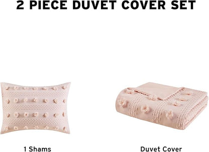 Intelligent Design Twin Duvet Cover Set, Clipped Jacquard Duvet Set Chic Pompoms Accent, All Seasons Lightweight Microfiber Bed Cover for Comforter with 1 Sham, Lucy, Twin/Twin XL Pink 2 Piece