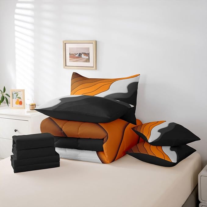 Orange Grey Black Ombre Full Comforter Set 7 Pieces Kids Teens Adults Geometric Stripe Bedding Comforter Sets, Aesthetic Wave Bed in a Bag Modern Abstract Bedding Set, Gradient Bed Sheets Set