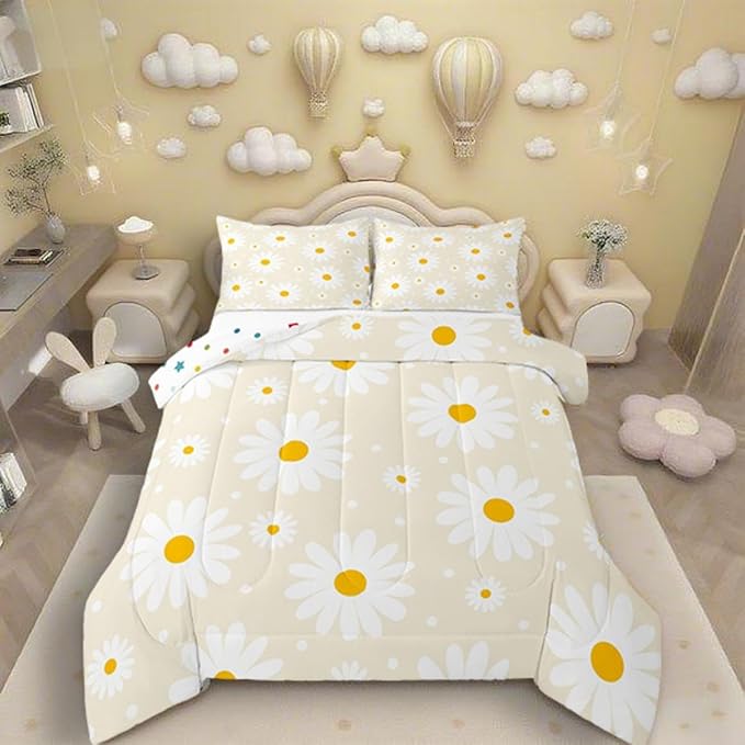 Erosebridal Beige Floral Comforter Cute Daisy Cream Toddler Bedding Set for Kids Teen Women,Botanical Theme Rustic Flowers Comforter Set White Daisy Floral Quilt Room Decor